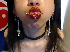 Punk with Red Lipstick Slobbers a Lot and Blows Spit Bubbles - Spit Fetish