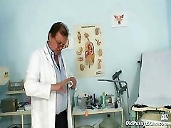 Old lady Mila visiting gyno doctor for pussy speculum examination on gynochair