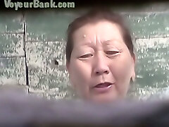 Hairy pussy of a mature Asian woman in the public toilet room