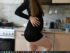 Slobbery blowjob and hard sex with a pregnant woman in a short black dress