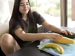 Naughty Nadine strokes with three different fruits