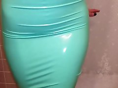 Latex TRY ON - Teal Pencil Skirt