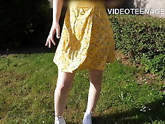 lovely 19 years brunette girl shows shaved pussy in public