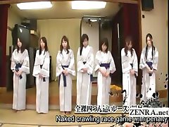 Subtitled group of Japanese milfs strip for racing game