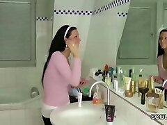 German Step-Sister Caught in Shower and Helps with Handjob