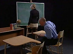 Blonde teacher strips and gargles balding guy's average-sized cock