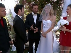 Unsighted folded bride Natasha Starr is fucked by groom and several studs