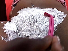 Nice tits black bitch sucking and fucking a black dong after slit shaving