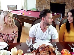 Small titted, ash-blonde honey is getting banged during a family lunch and eating pussy along the way