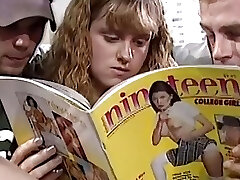 Teen sucks a duo of weenies on the couch and get fucked