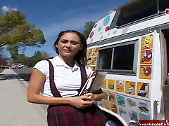 Brunette petite student Teen with small jugs has car sex