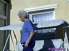 Hairy granny Norma urinating