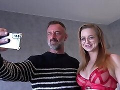 Redhead glasses dressed in Joy in hot mmf threesome action