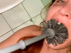 messy toilet licking, toilet brush, spit from the floor
