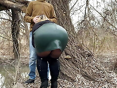 Squeezing my mother in law's thick bum in a leather skirt before she helps me piss outside