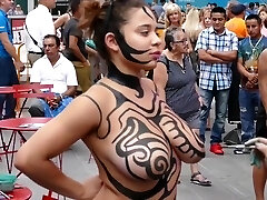 Large tits girl public body painting
