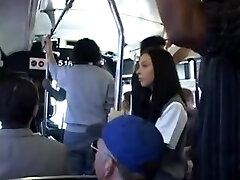 Brunette babe is groped then squirts on a Asian bus