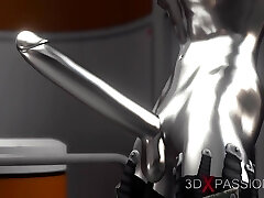 Sci-fi theme. Male Android Sticks Rock-hard A Hot ebony in the lab