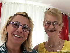 Blonde grannies Milli and Beata finger and fucktoy each other's smoothly-shaven vags