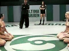 Four sexy damsels in bikini wrestle and finger pussies