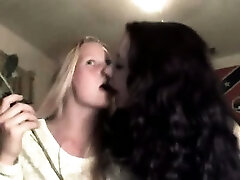 Hot blonde and dark haired strip, kiss, fondle and finger each