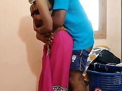 Cheating housewife surprised by to salesman sated During Laundry