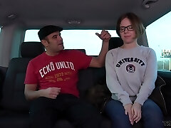 Man icks up and fucks nerdy gal in glasses Sasha in the back seat