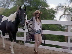 Fabulous auburn haired cowgirl eats sausage and pounded in the barn Fabulous auburn haired cowgirl eats sausage and pounded in the barn