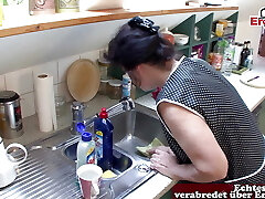 German grandmother get hard pummel in kitchen from step son