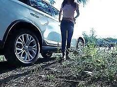 Piss Stop - Urgent Outdoor Roadside Piss and Cock Sucking by Asian Woman Tina in Blue Jeans