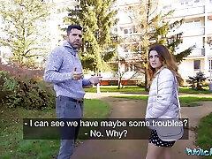 Public Agent Tight Spanish babe gives blowjob and pound behind husbands back
