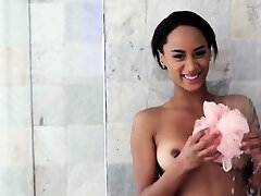 Beautiful ebony girlfriend showers and fucks