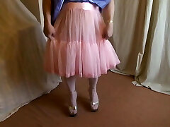 Lilac bridesmaid dress, pink petticoat and platform stilettos