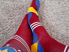 My feet and legs in superhero socks