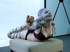 Cute girl in taut bondage crying for mercy