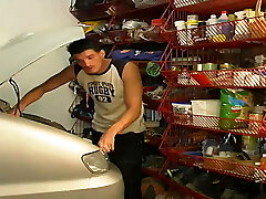 Pregnant woman boinking coach builder in garage