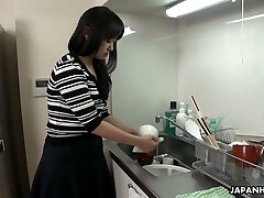 Too tired spouse falls asleep while his colleague plumbs his wife Risa Kurokawa
