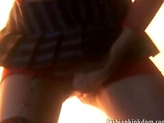 Stockinged lesbian hottie vibrating moist pussy