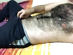 Very unshaved man soft dick rubdown and hairy chest touch big bulge
