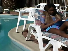 Absolutely uber-sexy ebony teen takes a milky cock by the pool