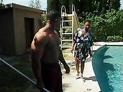 Wild black Milf gets on her knees and sucks the pool boy then fucks