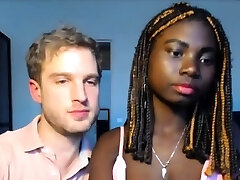 Steamy slim ebony teen babe takes white cock in both fuckholes live