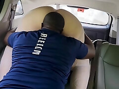 A curvy MILF enjoys public sex with a dark-hued guy right in the car.