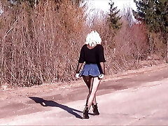 Denim skirt and black pantyhose-Sexy walk big ass Denim skirt and black pantyhose-Sexy walk big ass