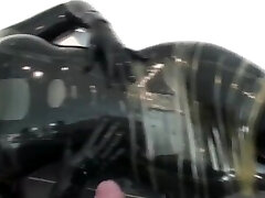 Two Protection Layers Ebony And Transparent Latex Catsuit Blowjob And Pissing