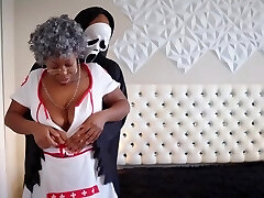 Mature dark-hued in a nurse uniform gets fucked by a Big Black Cock in mask