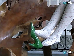 Blonde teen foot taunting in white and black stockings Blonde teen foot taunting in white and black stockings