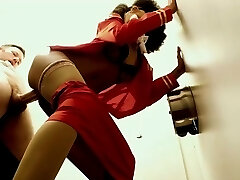 Ghetto stewardess boned by pervert man in public wc