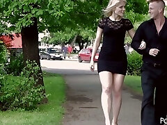 Fantastic platinum-blonde in dark-hued dress hooks up with a guy and goes with him