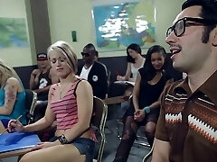 Beautiful girls having some lesbian action in the dark hallway